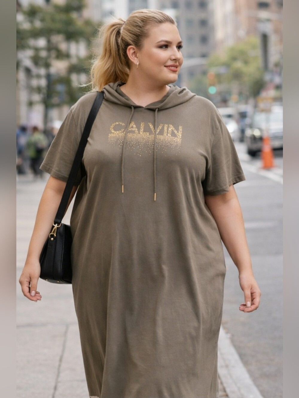 Calvin Klein Khaki/Olive Green Hooded Dress with Gold Logo Stretch Cotton 2X - Picture 13 of 15